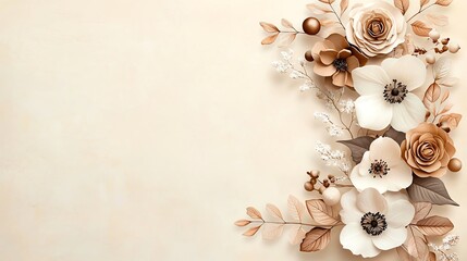 Text Merry Christmas surrounded by a border of winter florals and leaves, in a soft, pastel color palette for a gentle, seasonal look