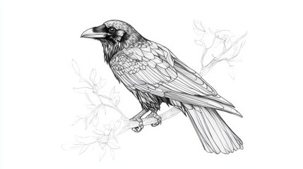 Realistic black line tattoo of a raven perched on a branch, intricately detailed on a clean white background.