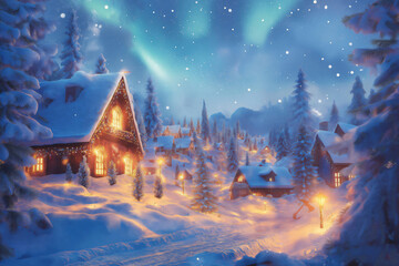 Fototapeta premium Magical Christmas village covered in snow and illuminated houses at night and the northern lights in the background