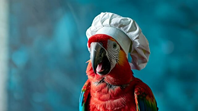 In a vibrant setting, a bright parrot sports a playful chef's hat, showcasing its culinary flair. This charming creature exudes personality as it prepares to whip up something special.
