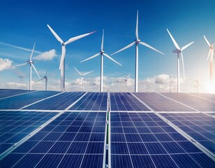Energy storage battery system concept, wind power, wind turbines and lithium ion battery container, and solar panels in the background. Panoramic view with copy space.