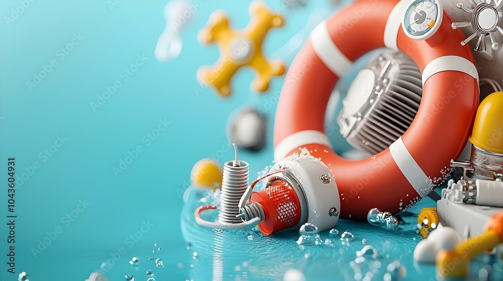 Poster Detailed cross section of a swimming pool highlighting the intricate water system and various floating pool toys