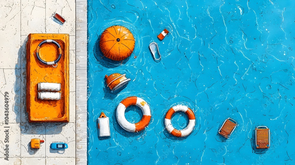Poster detailed cross section of a swimming pool showcasing the inner workings and systems including floati