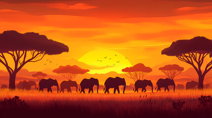 Fototapeta premium Majestic herd of elephants silhouetted against a blazing orange sunset sky traversing a vast savanna acacia trees frame the foreground creating depth and scale. Blazing Sunset. Illustration