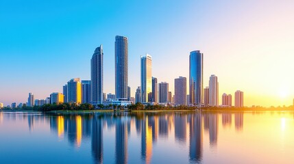 Obraz premium Skyline panorama at sunset, showcasing modern skyscrapers reflecting in calm water.
