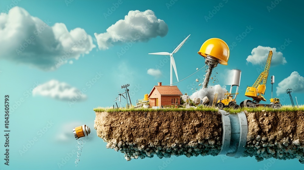 Aufkleber detailed cross section showcasing a wind farm with wind turbines above and the underground electrica