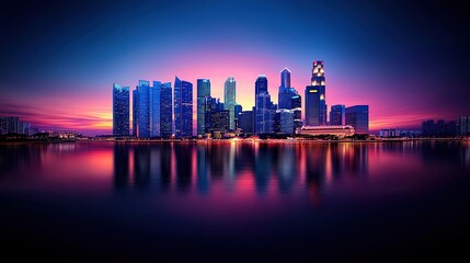 Fototapeta premium Stunning urban skyline at sunset reflecting on the water, with vibrant colors and modern architecture.