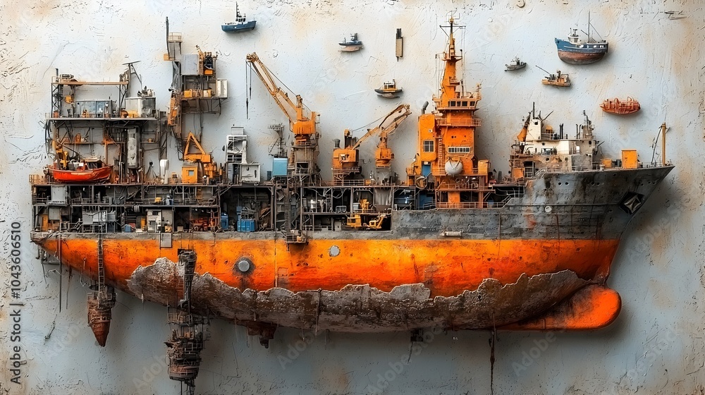 Poster Detailed cross section showcasing the layered infrastructure and processes within a bustling shipyard including dry docks welding areas and ship assembly lines