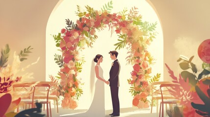 Wedding ceremony illustrations, elegant wedding ceremony with the bride and groom exchanging vows under a beautiful arch