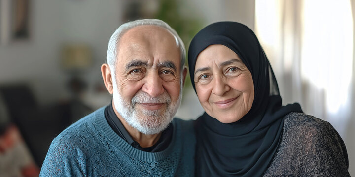 An elderly couple, cheerful, handsome 60-year-old men and women of Arab appearance. They are standing in the living room. International Day of Older Persons concept. Advertising banner.
