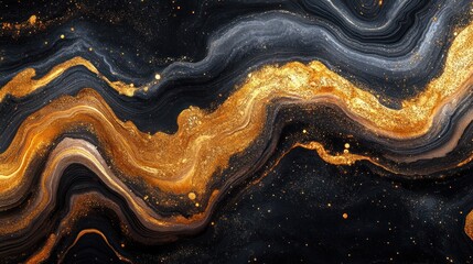 Abstract black, gray, and gold marble texture background.