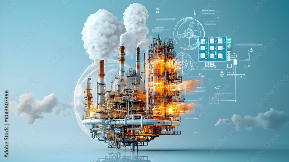 Poster Detailed cross section view of a complex chemical processing facility showcasing the intricate network of pipelines reactors