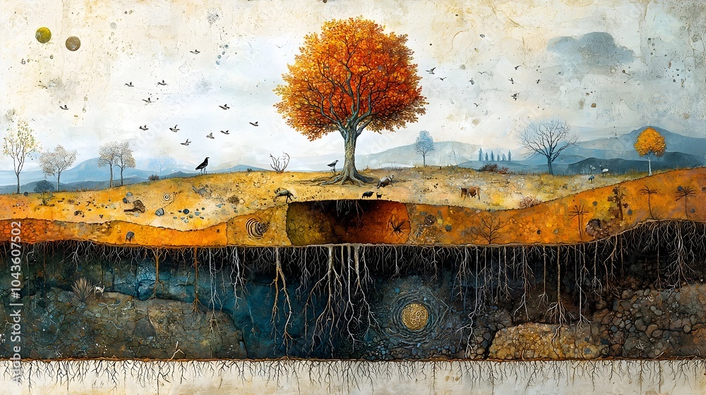 Fototapete Detailed cross section view of a dense forest landscape exposing the intricate network of tree roots wildlife burrows and varied soil layers that exist beneath the surface