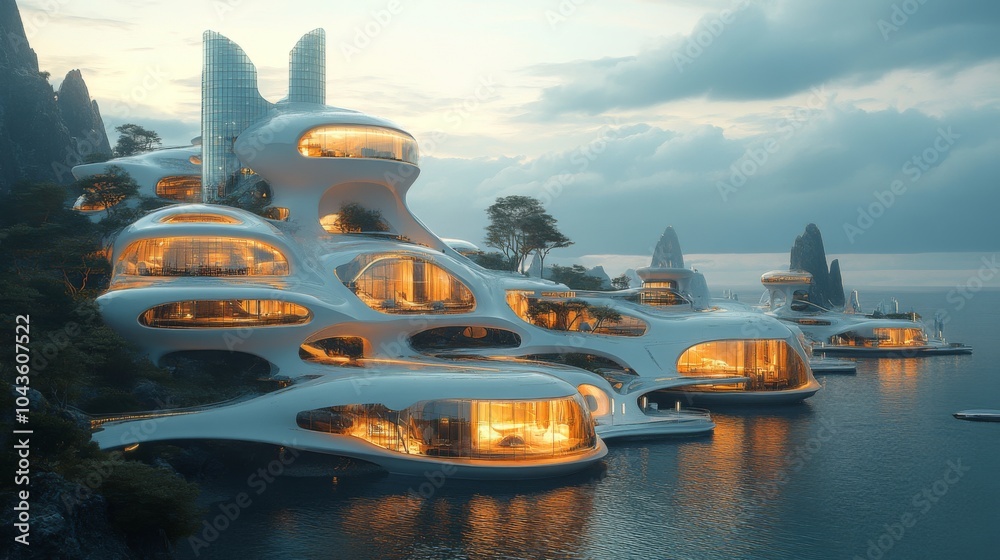 Poster A stunning example of innovative architecture, showcasing curved structures with large windows