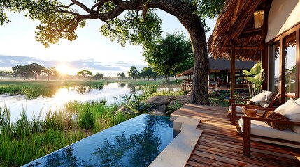Obraz premium Luxurious Safari Lodge with a Private Pool at Sunrise