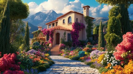 Naklejka premium Realistic depiction of a beautiful house with a sprawling garden full of vibrant flowers, trees, and a stone walkway.