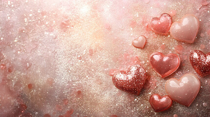 Fototapeta premium Glittery Hearts on Soft Blush Background - Romantic and Whimsical Design for Celebrations and Events