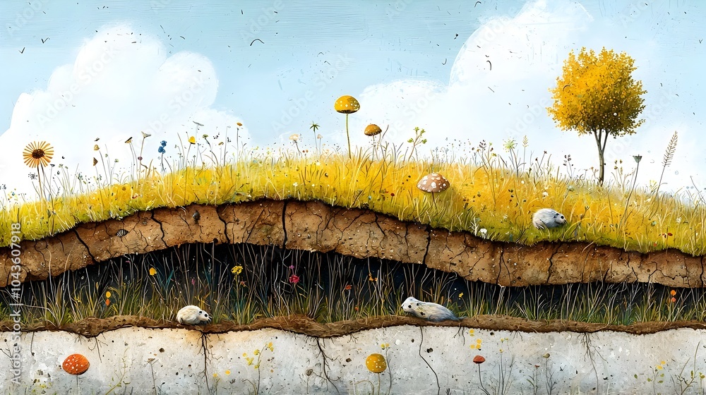 Poster detailed cross section view of a grassy hill exposing the intricate underground world of mole pathwa