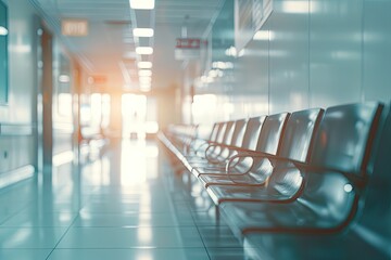 Chairs in a hospital waiting room with people walking behind