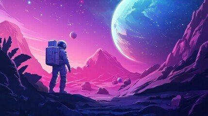 Naklejka premium Space exploration illustrations, astronauts exploring distant planets and galaxies in a thrilling space exploration mission