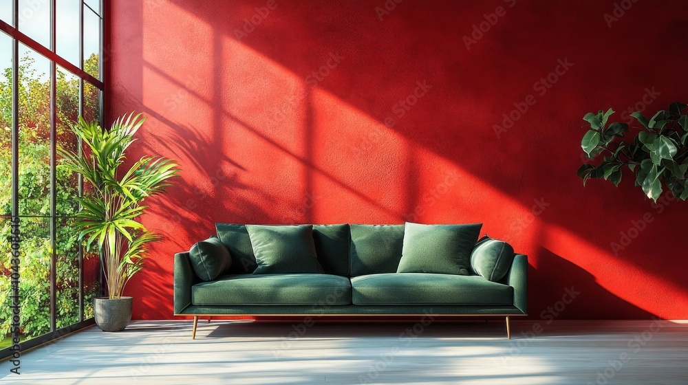Poster a green couch sits in front of a red wall with a large window