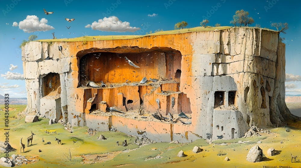 Poster detailed cross section view of a layered cliffside landscape revealing the geological formations exp
