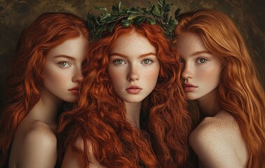 Naklejka premium Three red-haired women, one with long, curly hair and green eyes in the middle of them wearing an ivy wreath on her head