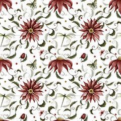 Seamless pattern of flowers, plants, dragonfly, butterfly and berry. Watercolor illustration. Can use on postcards, textile, websites, interior, booklet, framing, magazine articles. Vintage style