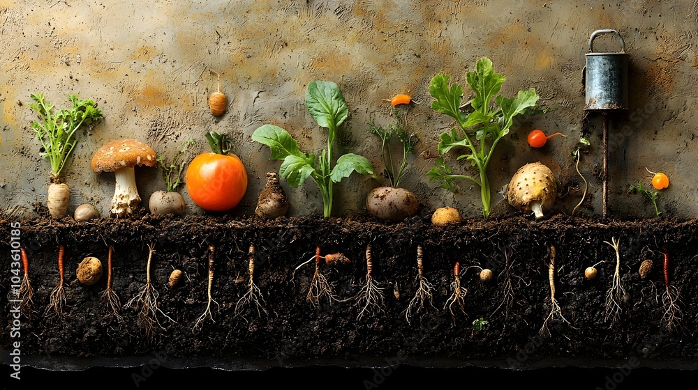 Aufkleber detailed cross section view showcasing the intricate layers and components of a thriving garden ecos