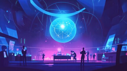 Naklejka premium Nuclear physics illustrations, cutting-edge experiments in nuclear physics with scientists working on atomic structures