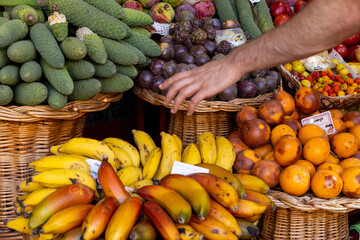 Variety of fruit at the Farmers Market (Mercado dos Lavradores) in Funchal. Madeira island, Portugal