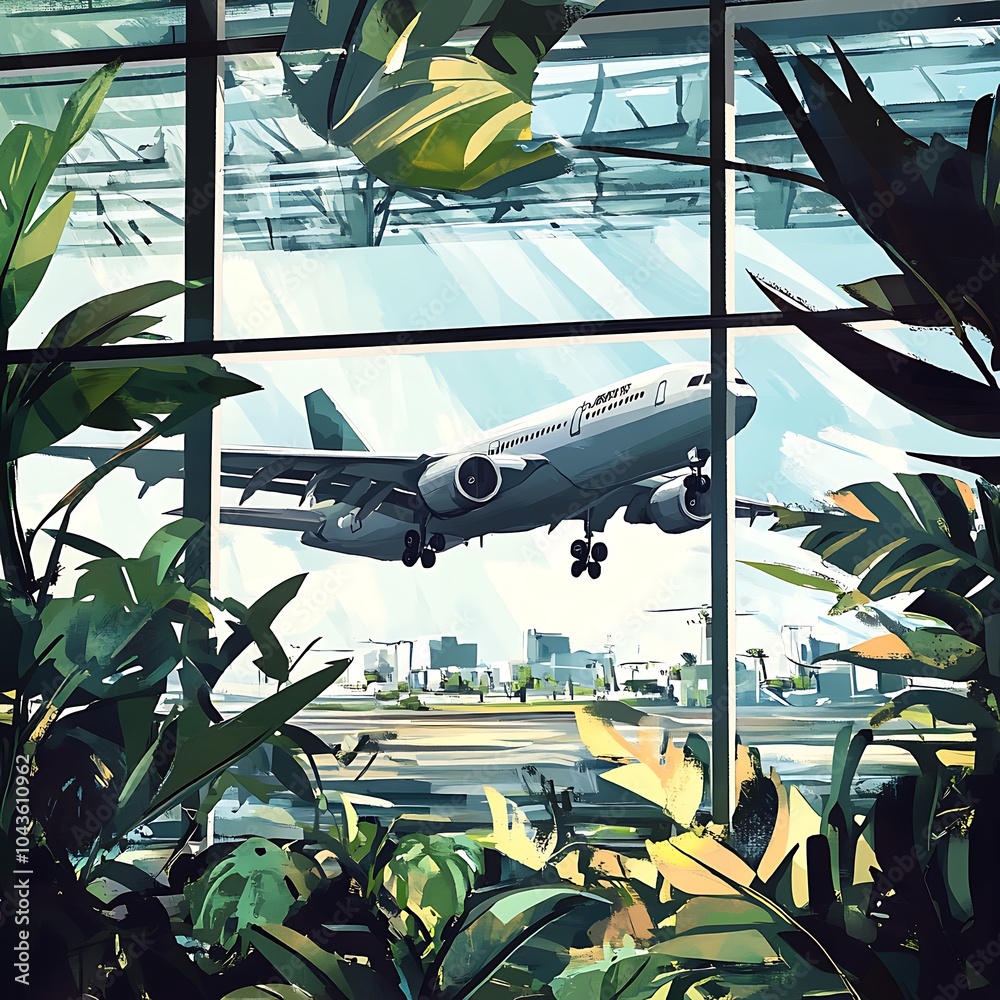 Poster Airplane Taking Off Viewed Through a Window with Plants.