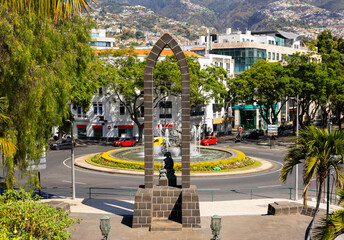 Statue of Infante Dom Henrique with fountain "Rotunda do Infante" in Funchal. Madeira island, Portugal