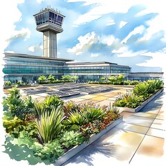 Airport control tower with green roof and garden.