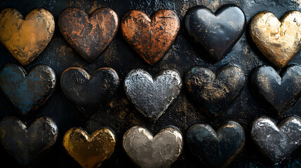 Obraz premium Symmetrically Arranged Large Metallic Hearts on a Black Background