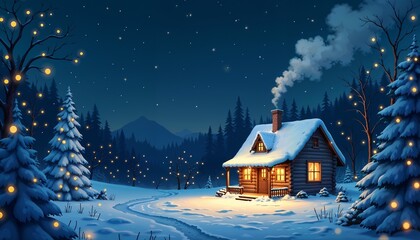 Fototapeta premium Cozy winter cabin with glowing windows and snowy landscape under starry night sky