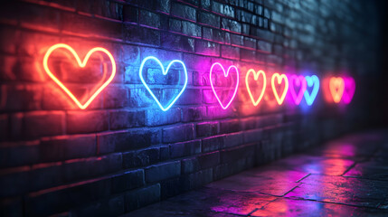 Obraz premium Brightly Glowing Neon Hearts Against a Dark Background