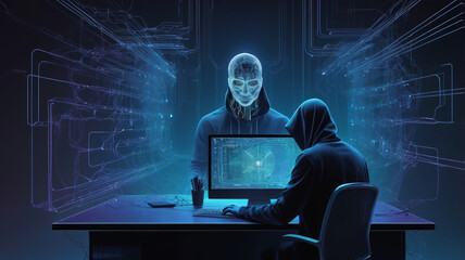 Holographic Hacker Figure in Digital Environment