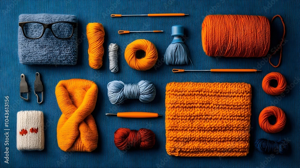 Poster detailed layered cross section of a vibrant and comprehensive knitting kit showcasing the various co