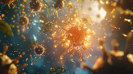 A vibrant, microscopic view of virus-like structures surrounded by shimmering particles and an ethereal background.