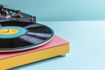 Fototapeta premium Retro vinyl records and audio equipment arranged on a colorful desk, playful theme, bright lighting