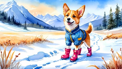 Cute corgi dog wearing boots in a snowy landscape with mountains and a sunny sky