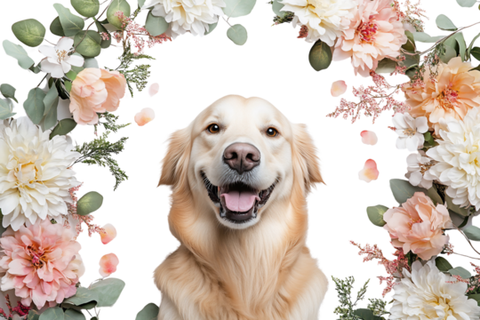 Smiling Golden Retriever in Floral Wreath Illustration