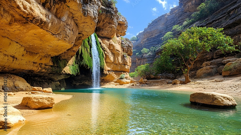 Poster dramatic cut through view of a cascading waterfall showcasing the intricate rock formations rushing 