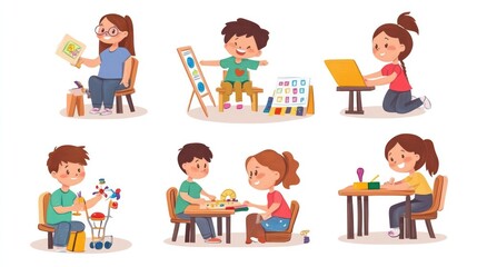 children with disabilities learning illustrations, happy kids with disabilities participating in fun learning activities