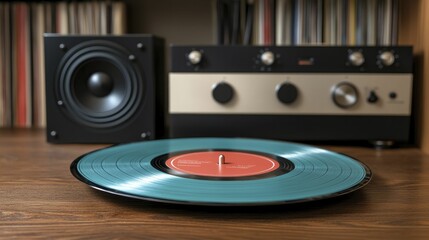 Fototapeta premium Vintage vinyl records surrounded by modern audio gear, contrasting styles, artistic perspective