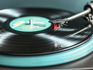 Vinyl records of remastered albums spinning on a turntable, dynamic theme, energetic mood, spotlight lighting