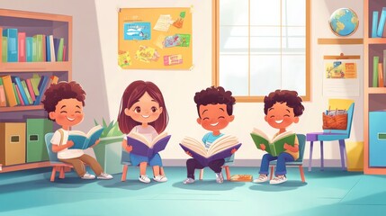 children reading illustrations, happy children discovering new worlds through books in a colorful classroom