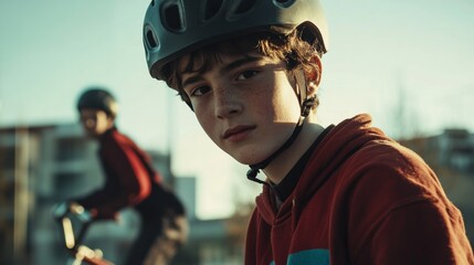 Obraz premium portrait of a young man looking at the camera wearing a bicycle helmet and riding the bike in a park