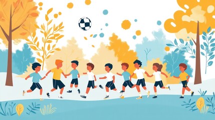 Fototapeta premium children playing sports illustrations, diverse group of kids enjoying a friendly soccer game in a sunny park